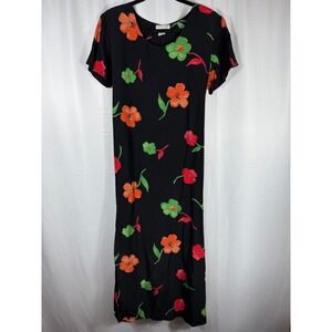Connie Choi Vintage Y2K Black Floral Maxi Dress Short Sleeve Casual Summer Small